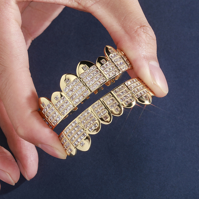Mens Gold Grillz Teeth Set Fashion Hip Hop Jewelry High Quality Eight 8 Top Tooth & Six 6 Bottom Grills Teeth Grillz Dental Mouth Fang Grills Tooth Ca