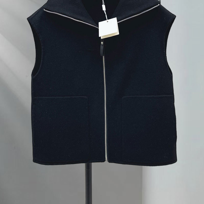 Retro Y2K Designer Luxury Women's Double-Faced Wool Vest Outerwear Knit Notch Lapel Sleeveless Zip Up Two Colors Wool Cashmere Blend Fashion Clot