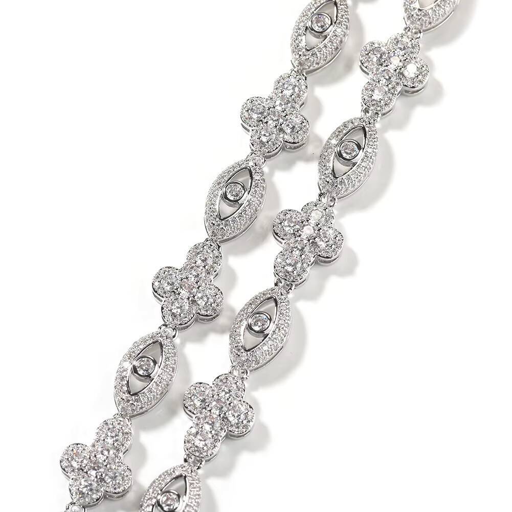 Hip Hop Jewelry Men White Gold Plated 13mm Brass Necklace Rhodium Paved Iced Out Zircon Cross Evil Eye Cuban Link Chain