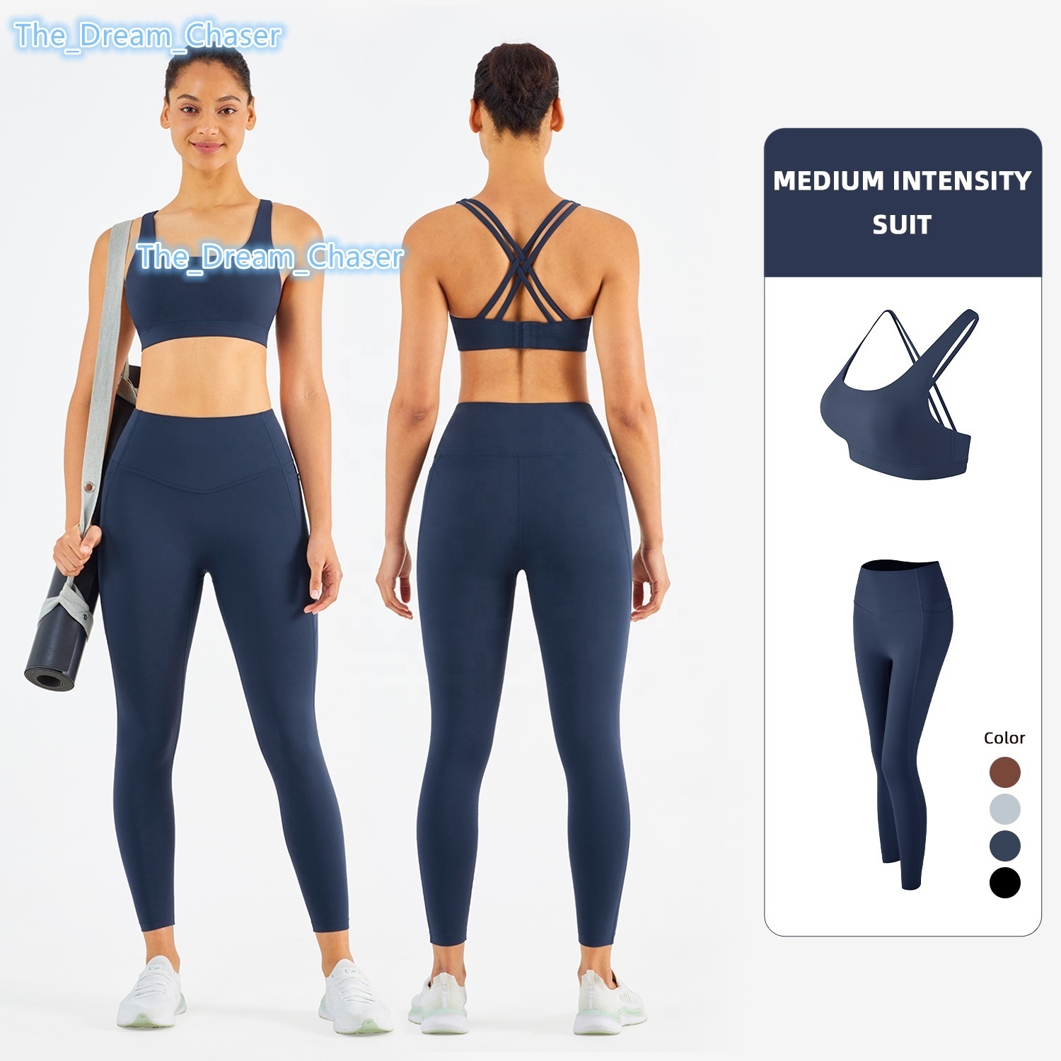 Two Piece Yoga Set Custom Sports Gym Set Women Seamless Buckle Sports Bra and Pocket Leggings