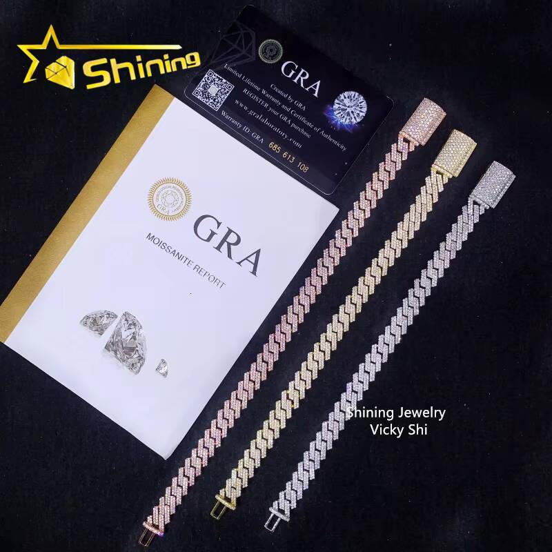 Hip Hop Jewelry Moissanite Cuban Bracelet 10MM 2 Rows 925 Sterling Silver Iced Out VVS Moissanite Miami Cuban Link Chain