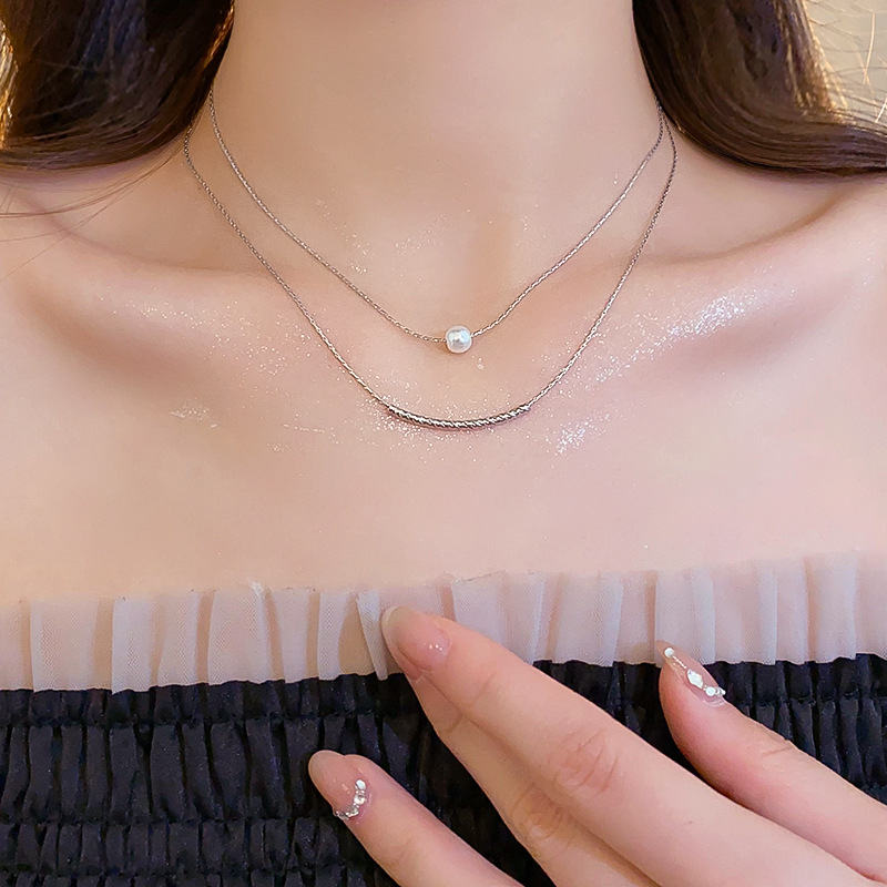Silver - Toned Double - Layered Chain Necklace With Single Pearl Accent Delicate Daily & Minimalist Jewelry Gift For Her High - Quality And Elegant Ac