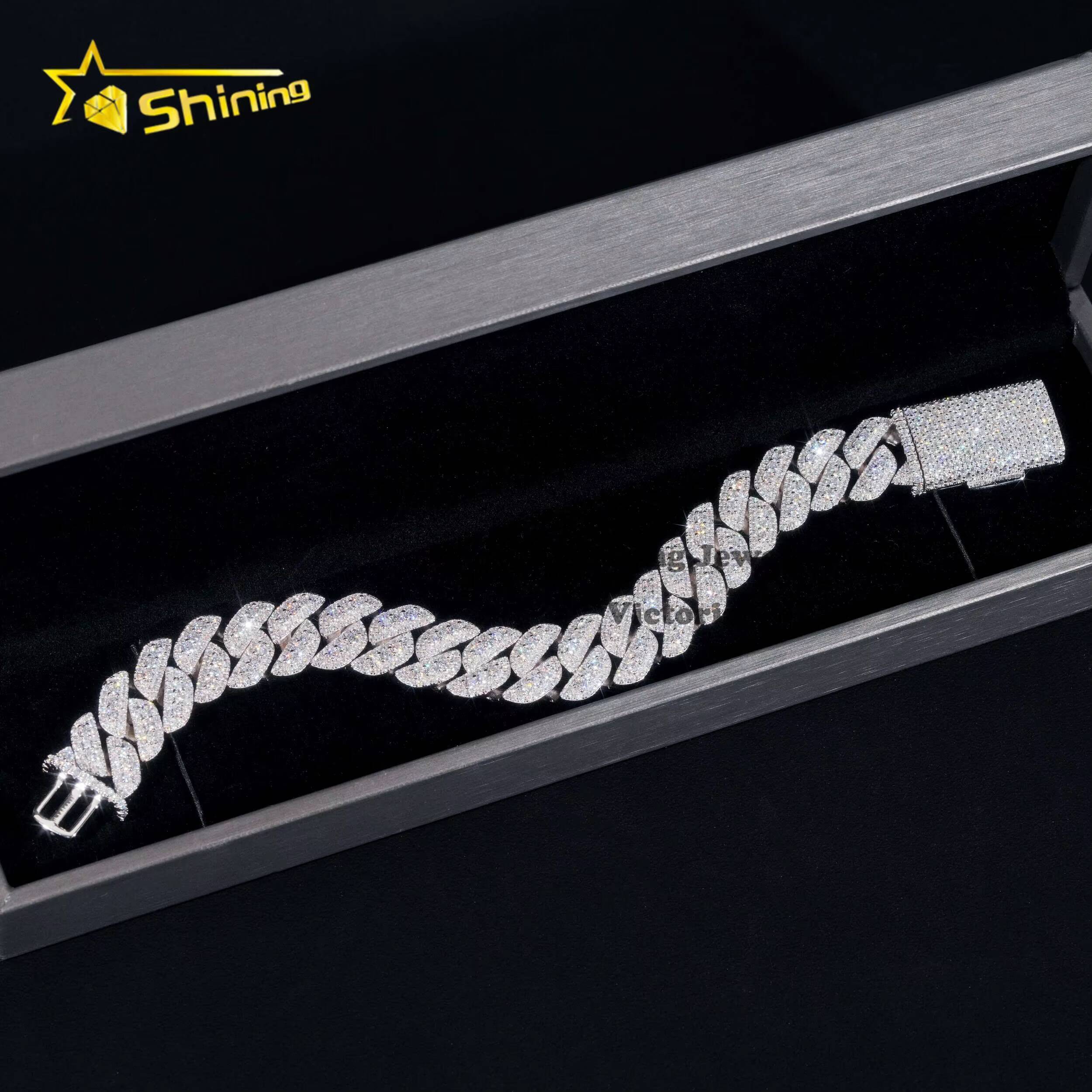 Iced Out Mens Jewelry Hip Hop Sparkle 925 Sterling Silver 15MM VVS Moissanite Diamond Three Rows Cuban Link Bracelet