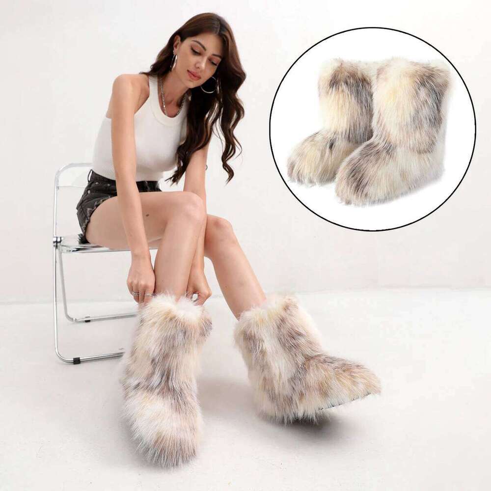 Women Faux Fur Winter Fluffy Plush Warm Mid Calf Snow Fashion Furry Boots Comfortable Outdoor Flat Shoes