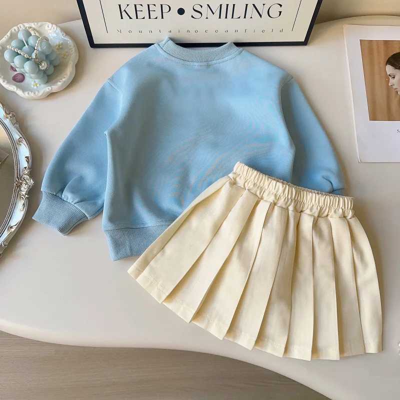 Childrens Outfit Skirt New Spring Girls Fashion Round Neck Long Sleeve Sweatshirt with Bow Tie Pleated Skirt TwoPiece Set L2509269SOG