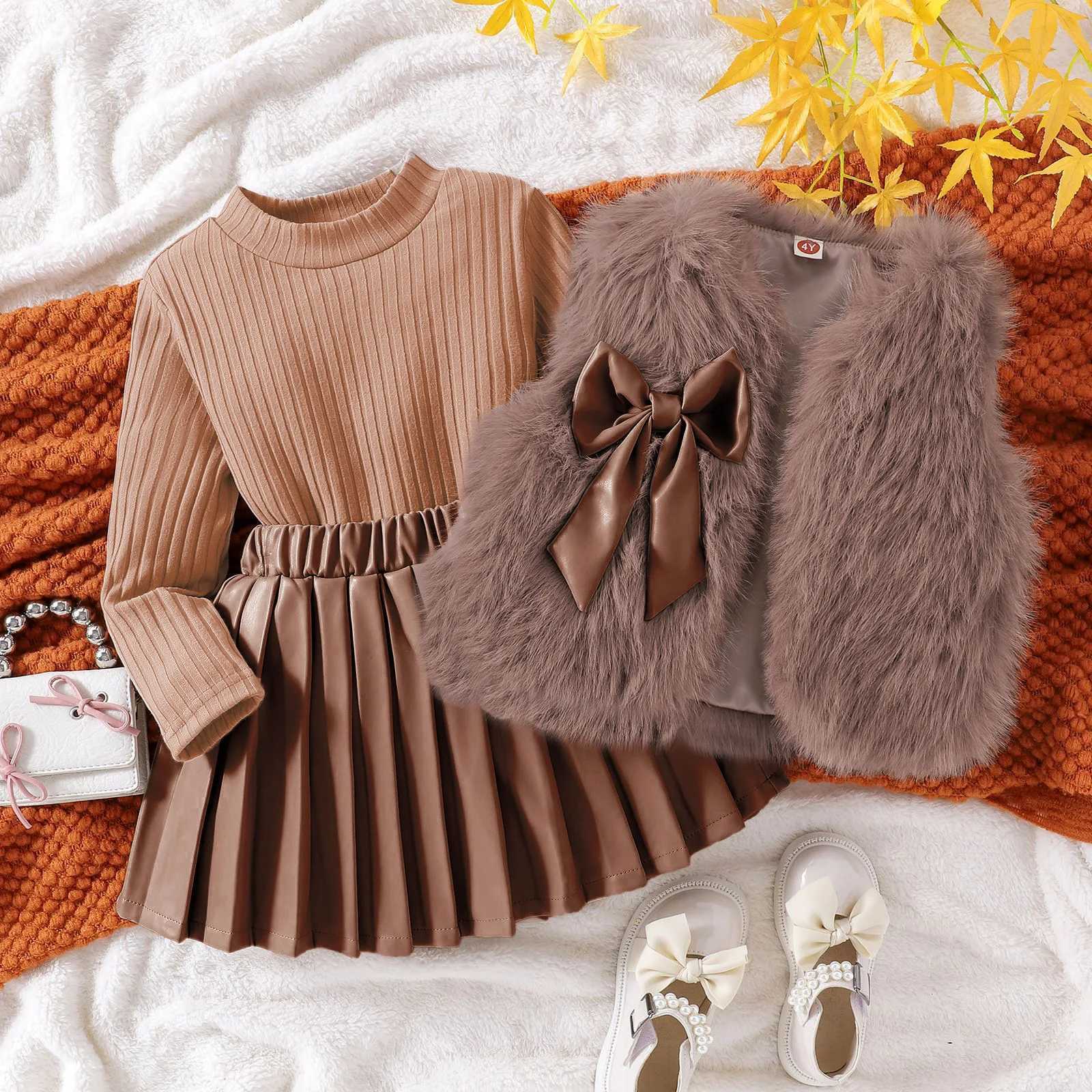 Autumn Winter Girl Clothes Set Baby Toddler Girl Suits Fur Vest Long Sleeve Shirt Base Layer and Faux Leather Skirt Pleated Chic L250926UOK0
