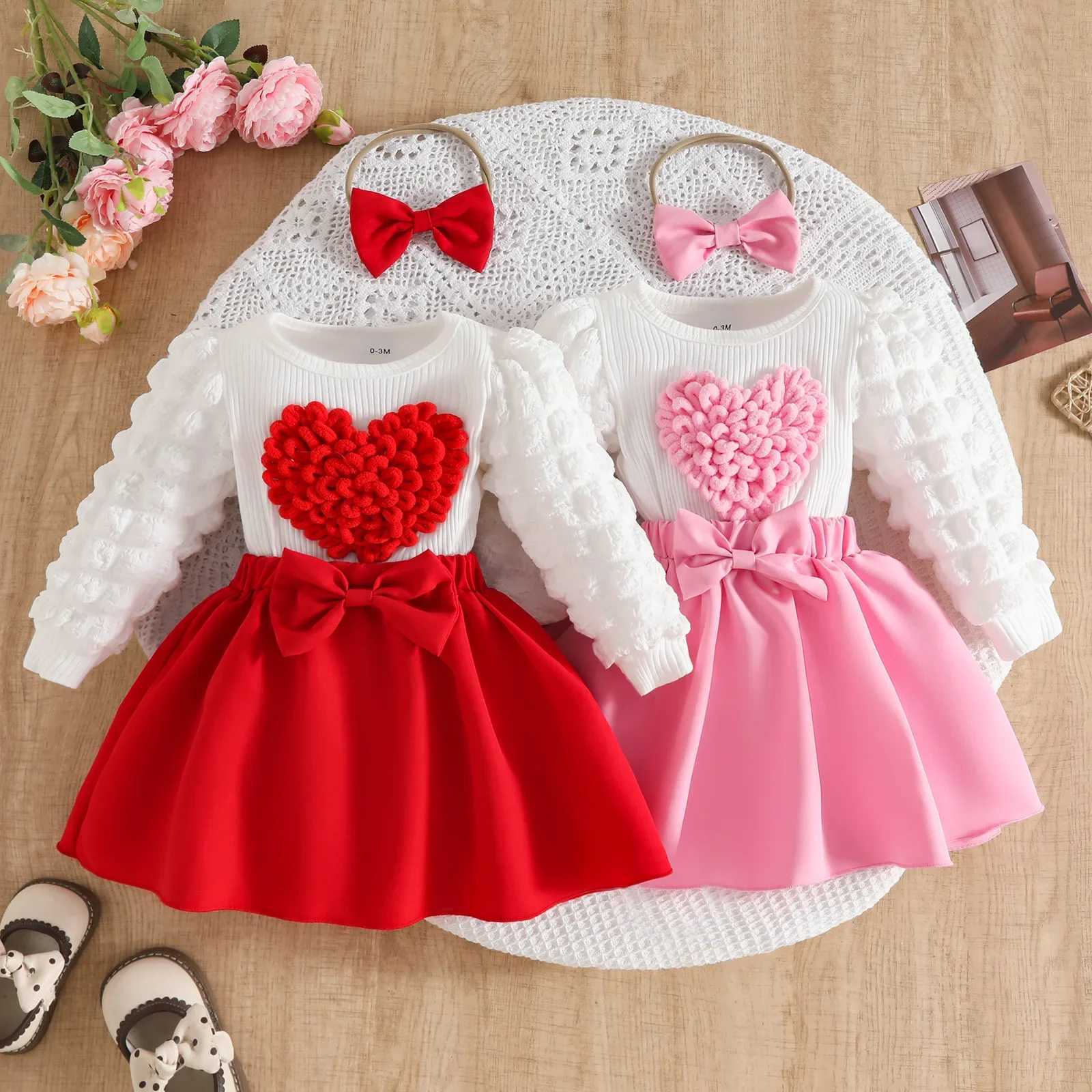 Toddler Girl 03Y Baby Clothing 3Pcs Set Bubble Sleeve Heart Top and Bow Skirt and Headband Sweet Party Newborn Girls Outfit L250926ZYJB