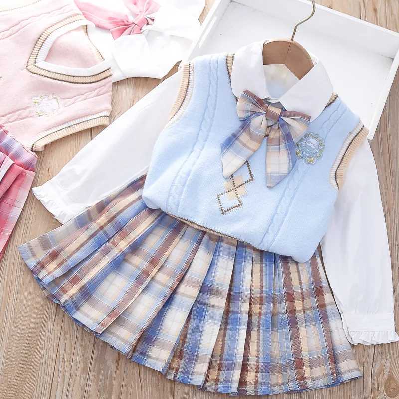 Girls JK College Style Suit Autumn Winter New Sweater Vest Doll Collar Shirt 3 Pieces Pleated Skirt Boutique Kids Clothing Set L250926QOUS