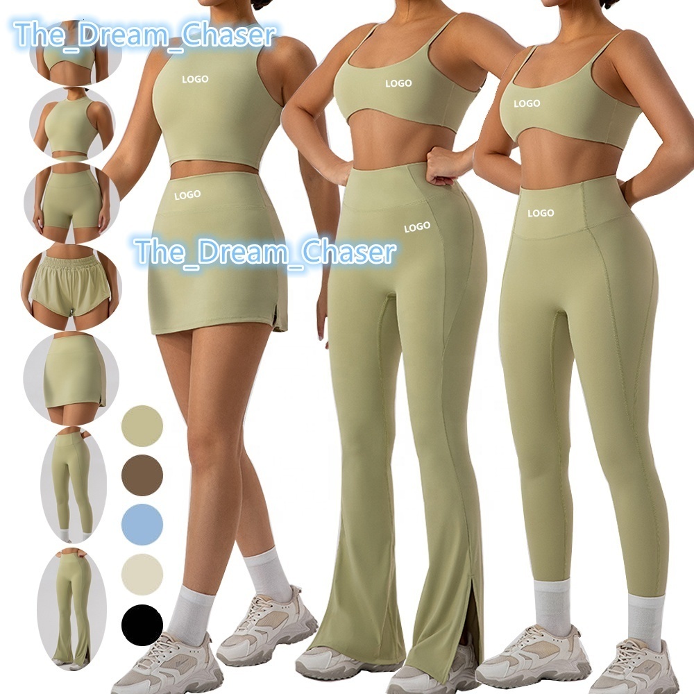 OEM Women Gym Clothing Active Wear Sports Bra Vest Tennis Golf Skirt Yoga Leggings Flare Pants Set Biker Shorts Fitness Gym Set