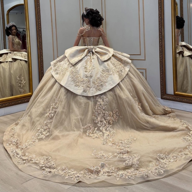 Champagne Shiny Quinceanera Dresses Off The Shoulder Applique Lace Beading Crystal Bow Corset Tull Party Birthday Sweet 16 Dress Vestidos 15 Anos