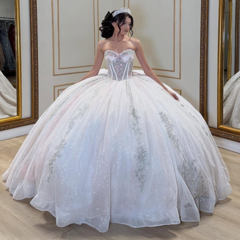 Ivory Shiny Quinceanera Dresses Off The Shoulder Applique Lace Beading Crystal Bow Corset Tull Party Birthday Sweet 16 Dress Vestidos 15 Anos