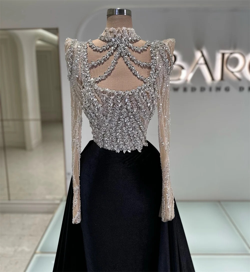 Graceful Evening Dresses High Neck Crystal Prom Gowns with Overskirts Beading Long Sleeves Princess Customized Vestidos De Noche Plus Size