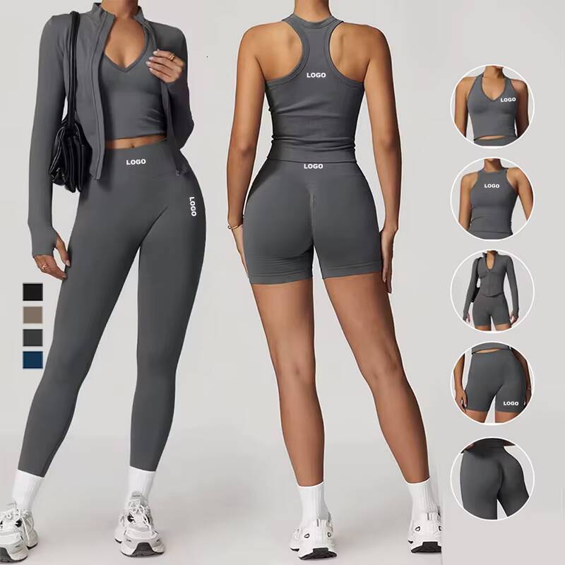 Women Seamless Slim Fit Yoga Set Sports Bra Tank Top Vest High Waist Leggings Biker Shorts Zipper Jacket Coat Fitness Gym Set