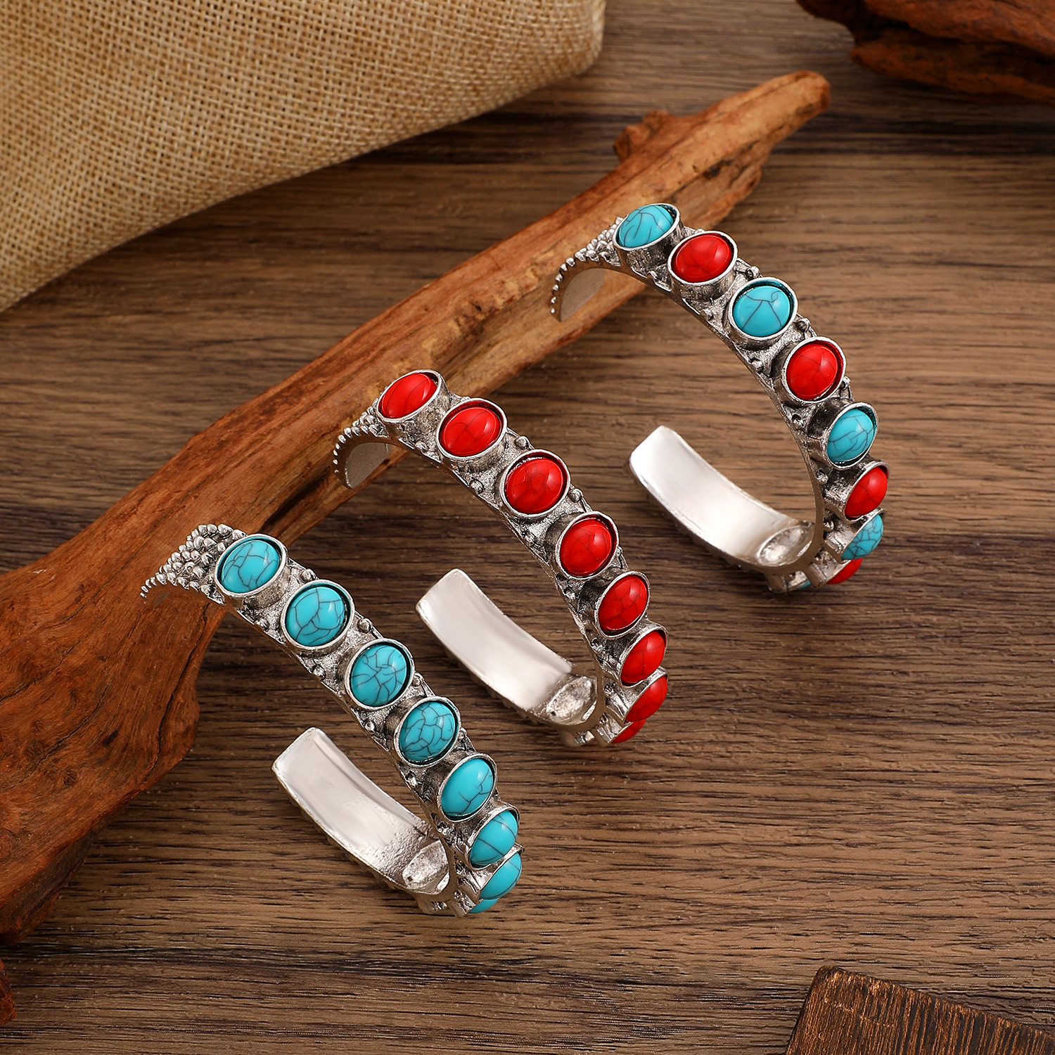 Ethnic Style Bohemian Turquoise For Women Carved Hollow Adjustable Open Bracelet