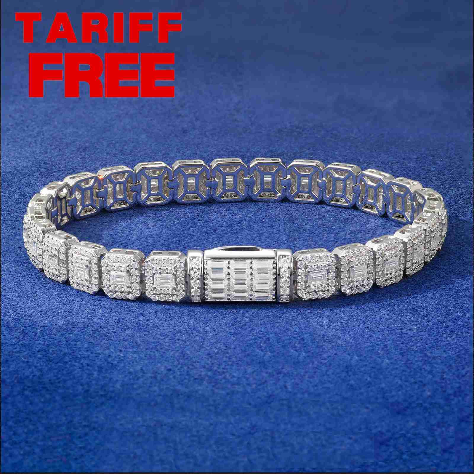 Hip Hop Jewelry 75mm White Gold 925 Silver Cluster VVS Baguette Moissanite Diamond Ice Out Tennis Bracelet for Men Women