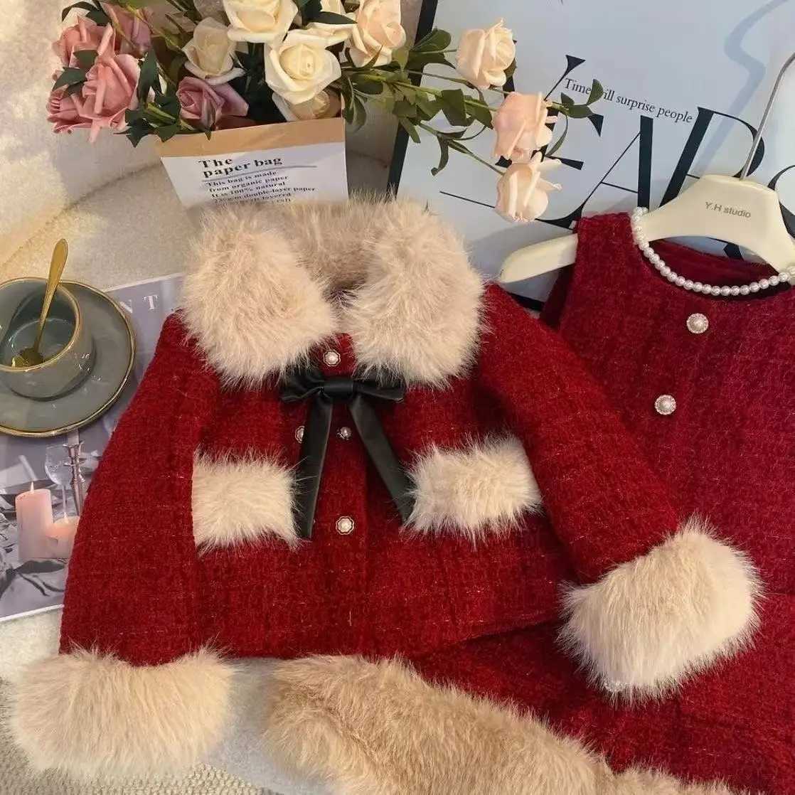 Girls Winter New Years Clothing Set Korean style Childrens Cotton Padded Thick Coat Vest Skirt Childrens New Year Clothes28T L250926317W