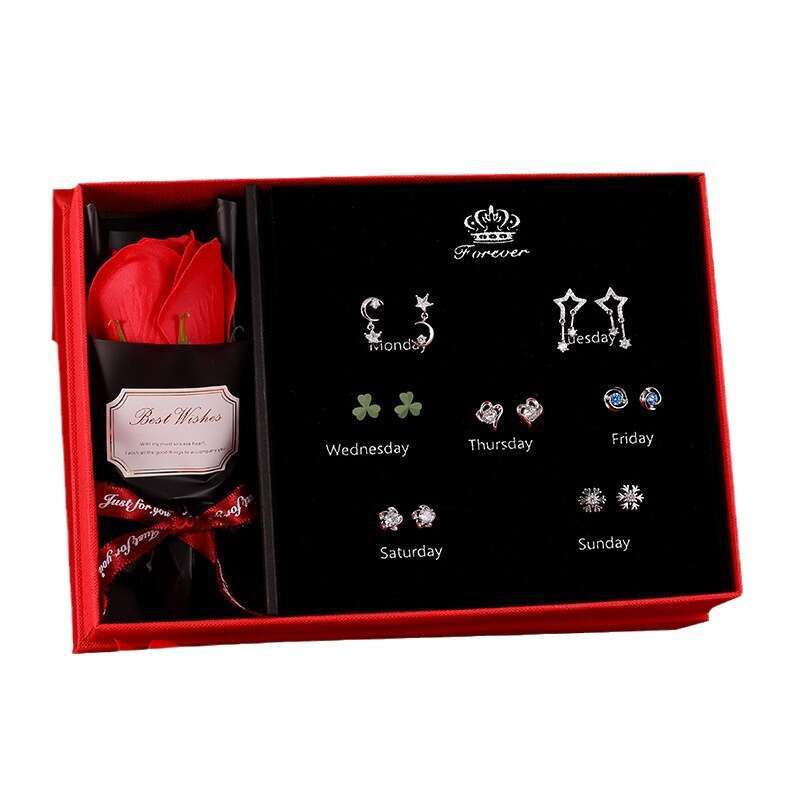 2023 S Sier Needle Earring Set Micro Pave Zircon Fashion Weekly Earrings Valentine's Day Birthday Gift