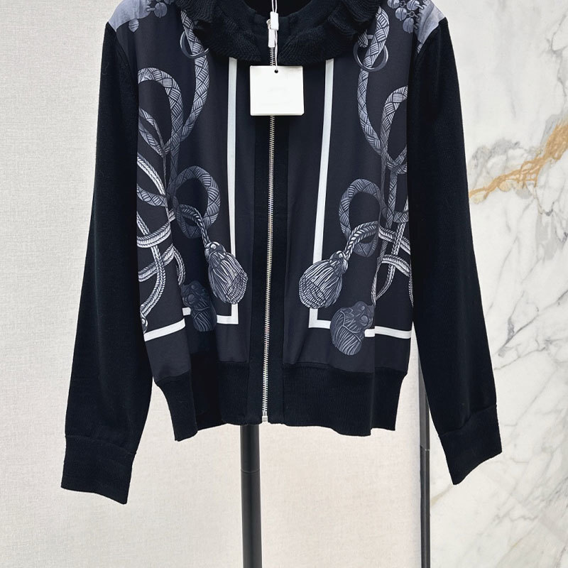 Luxury Designer Women's Rope Print Patchwork Wool Knit Cardigan Autumn Winter New Ruffle Trim Round Neck Zip Up H-Line Sweater Two Colors High Qu