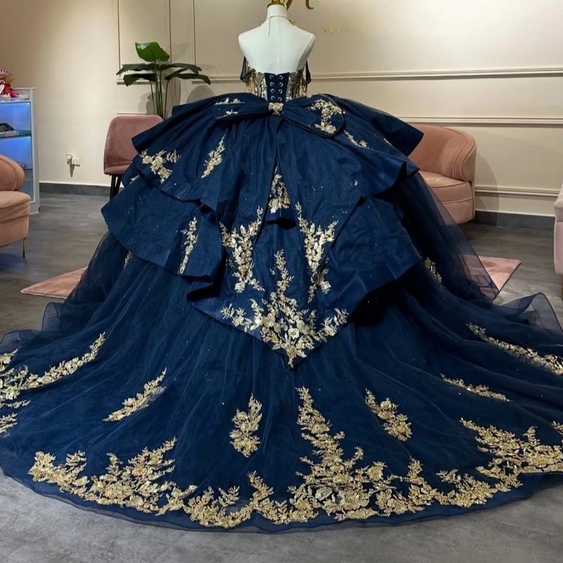 Navy Blue Shiny Off The Shoulder Quinceanera Dresses Gold Lace Applique Beading Bow Sweet 16 Vestidos De 15 Anos