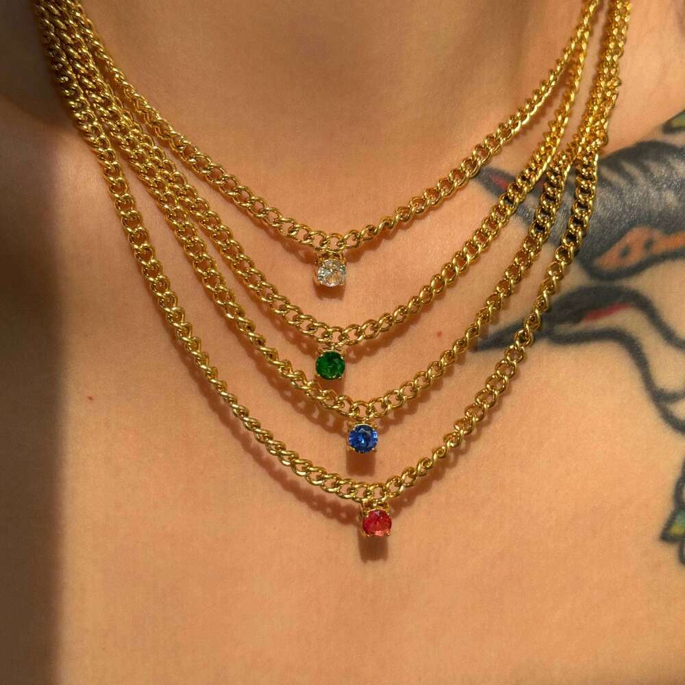 DASEIN New Pvd Gold Plated Colorful Round Zircon Cuban Chain Necklace Stainless Steel Jewelry for Women Girls