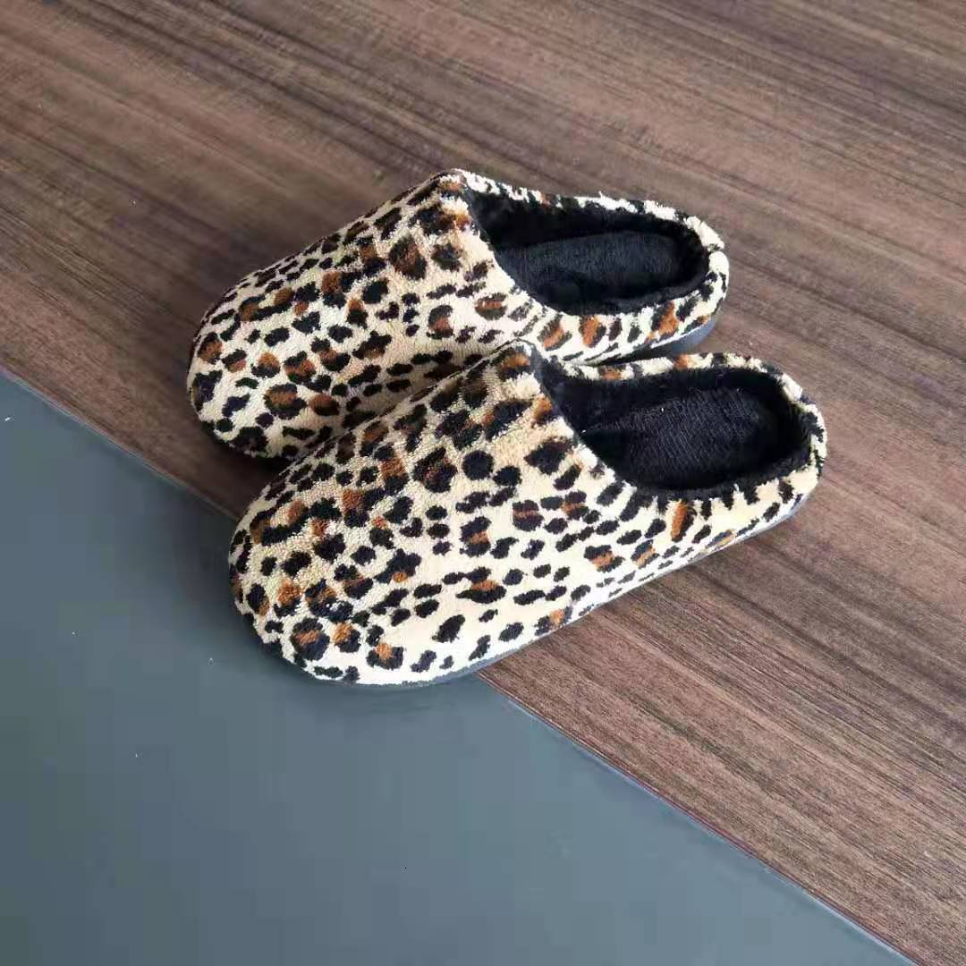Leopard Print Memory Foam Shoes Round Toe Home Warm Simple Shallow Mouth Black Cotton Slippers ddmymarket