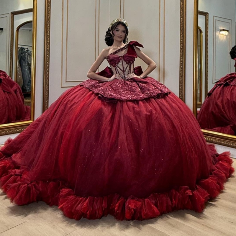 Red Shiny Quinceanera Dresses Off The Shoulder Applique Lace Beads Corset Tiered Tull Party Birthday Sweet 16 Dress Vestidos 15 De Anos