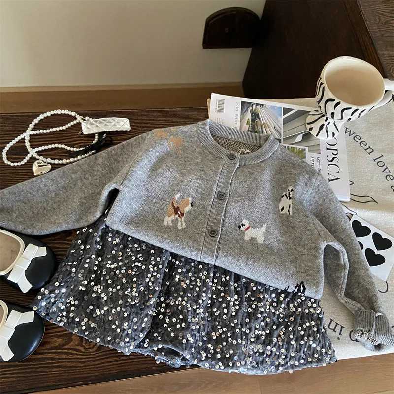 Childrens Clothing New Autumn Girls Puppy Knitted Cardigan Childrens Stylish Sequin Skirt TwoPiece Set Trendy L25092672TL