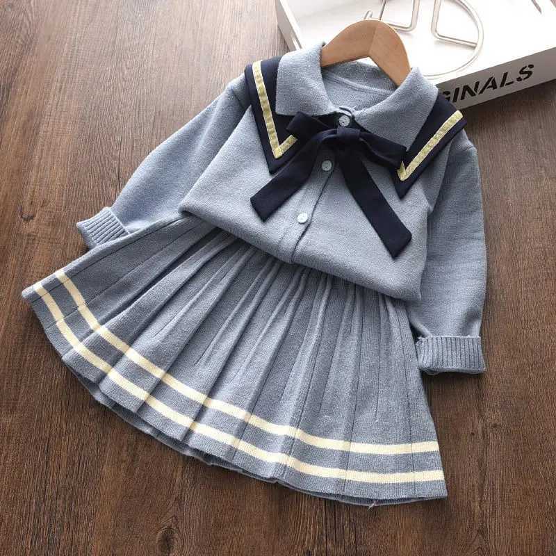 Girls 2025 JK Uniform Set Childrens SpringAutumn Knitted Cardigan Skirt 2piece Set Kids School Breathable Clothing Set LH733 L250926HOYP