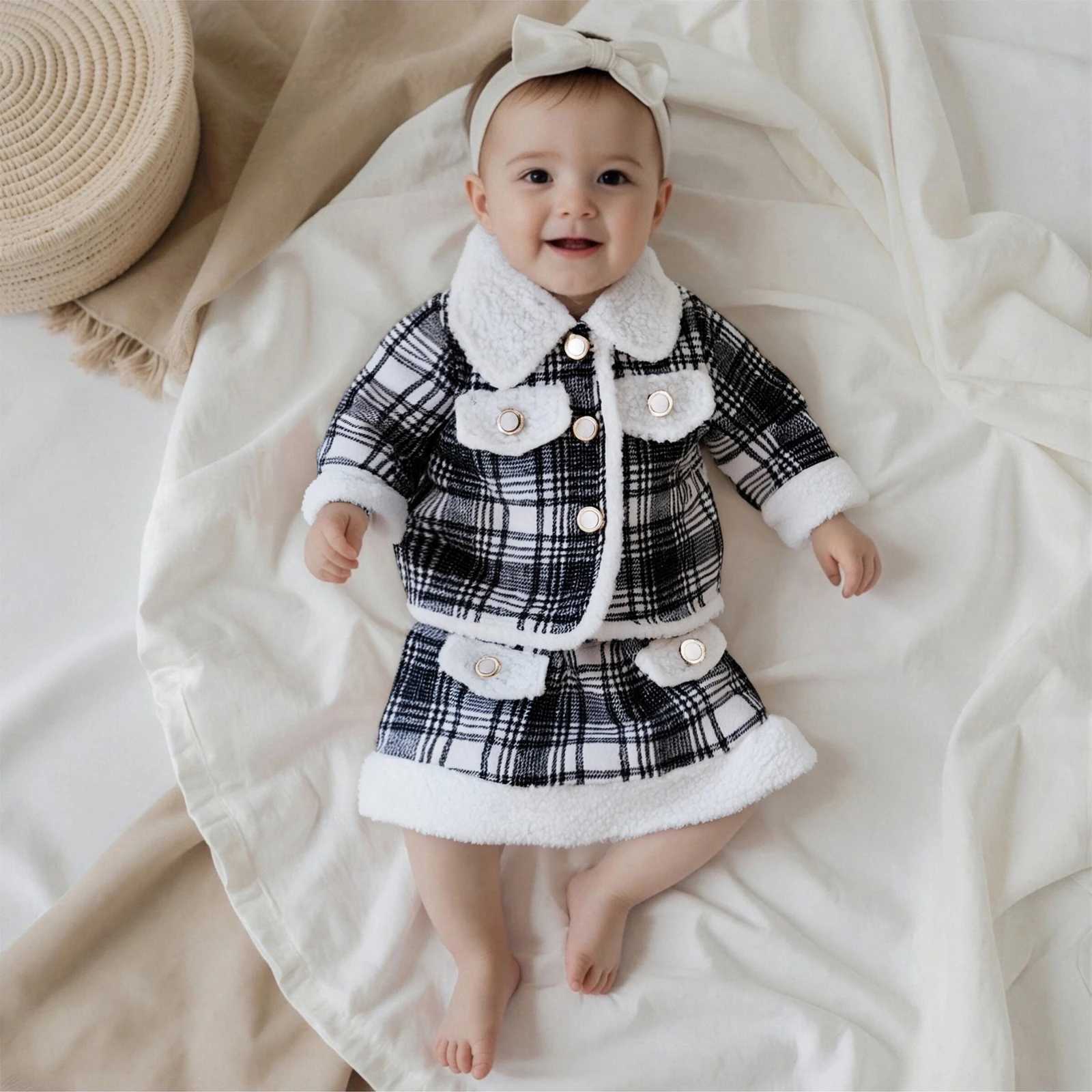 Autumn Toddler Clothes Baby Girls Plaid Long Sleeve Lapel Coat with Elastic Waist Skirt Clothing Set 2Pcs Outfit L250926PY4X