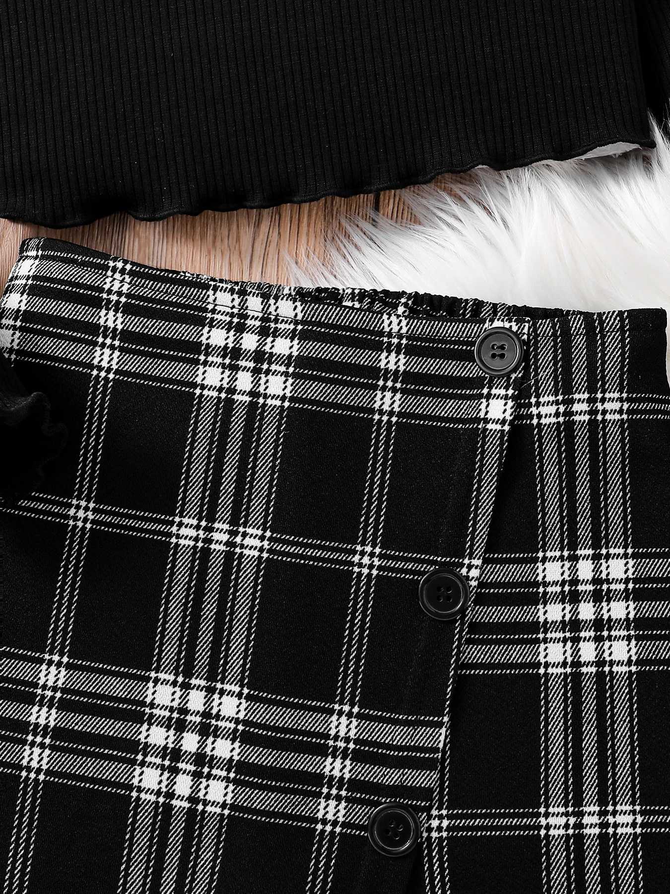 Girls spring new childrens fashion casual clothing knitted crewneck longsleeved top asymmetrical plaid skirt 2piece set L250926HNCY