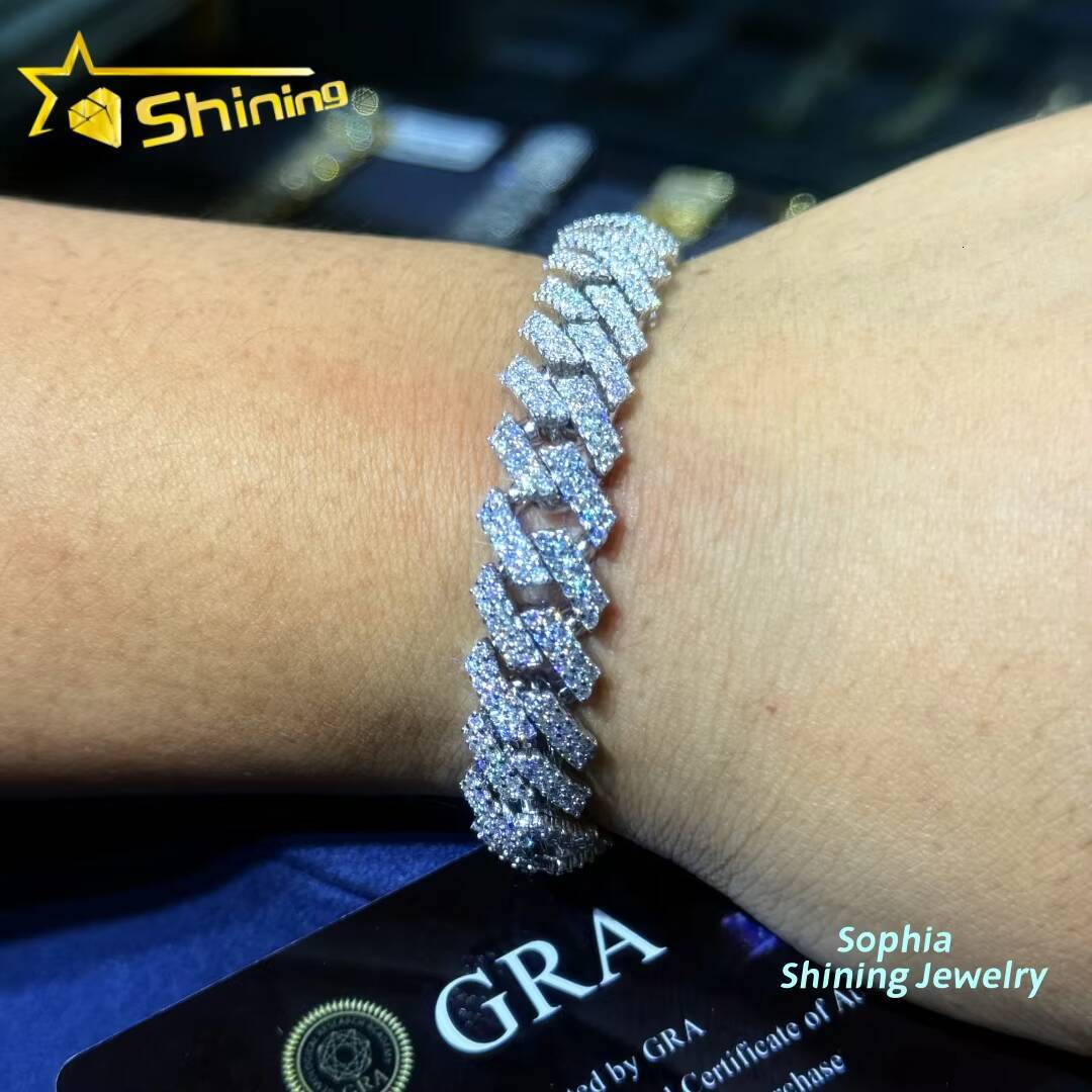 New Stocks 12mm 925 Silver Cuban Link Chain Hip Hop Jewelry Men Iced Out Moissanite Diamond Cuban Bracelet