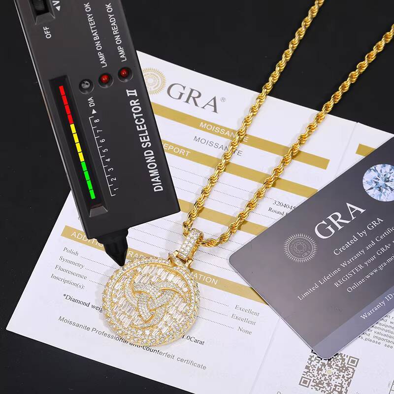 High Quality Baguette Moissanite Round Coin Pendant 925 Sterling Silver Lab VVS Diamond Iced Out Tourbillion Charm Necklace Men