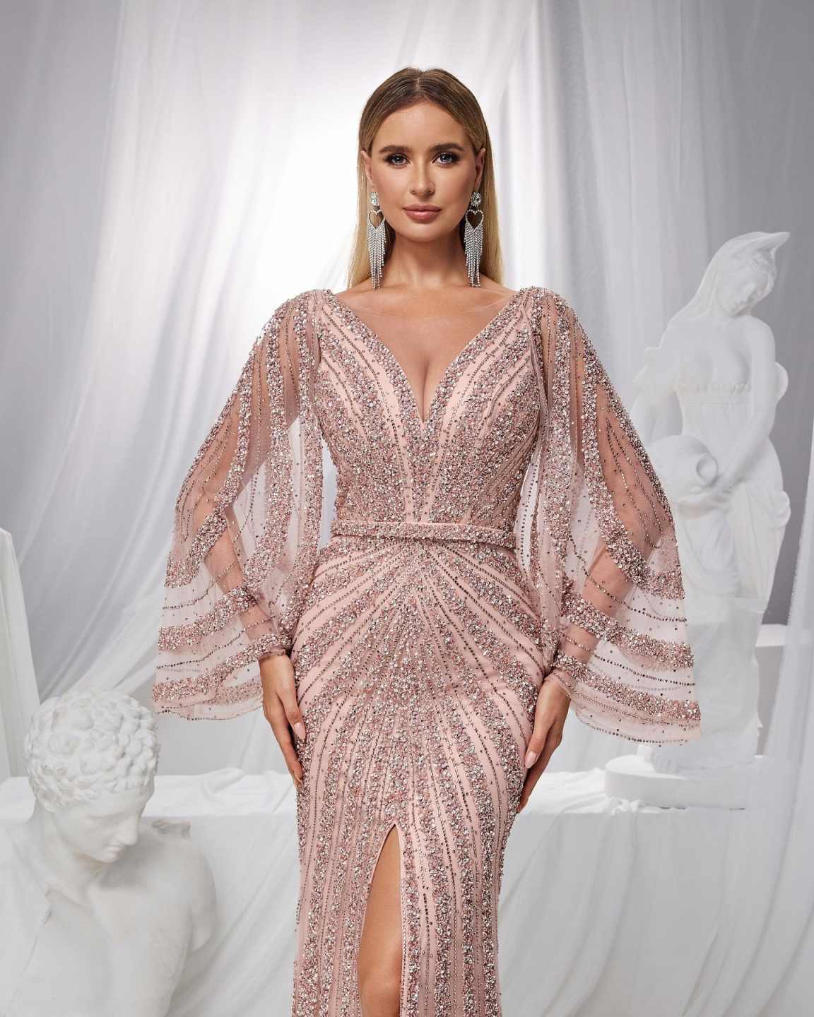 Classic Mermaid Evening Dress O Neck Long Sleeve Sequins Prom Gowns Beaded Splits Floor Length Formal Dresses Customized