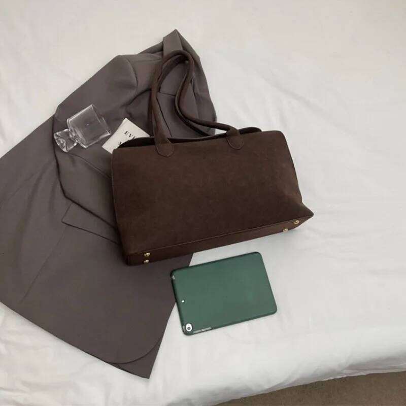 Classic Faux Suede Handbags Women England Style Elegant Shoulder Bags Big Solid Designer Casual Totes Lady Retro Female Packages
