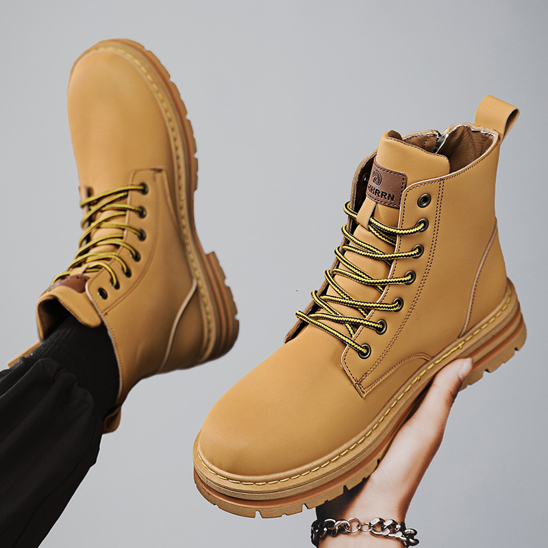 New Yellow Autumn Winter British Style High Top with Cotton Lining Work Short Fleece Zipper Martin Boots for Men
