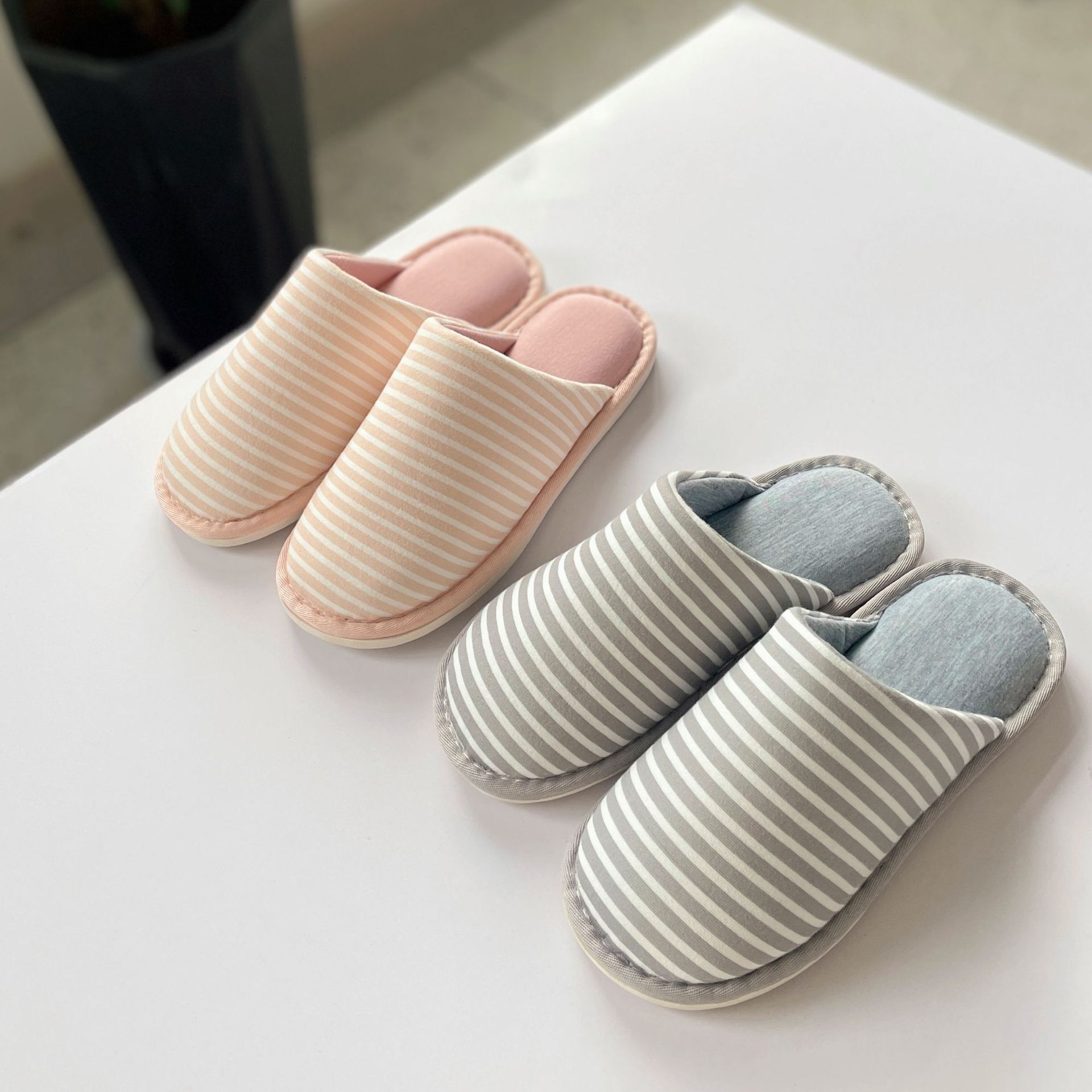 Spring Autumn Winter Home Indoor Household Non-Slip Floor Couple Striped Cotton Slippers for Men and Women ddmymarket