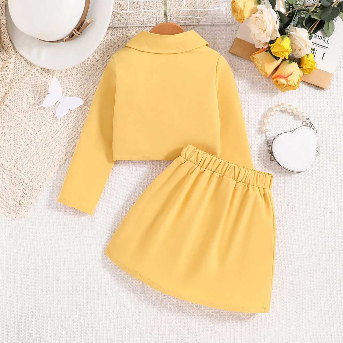 Kids Clothes Set 47 Years Spring Autumn Girls Short Yellow Suit Jacket Skirt Elegant Fashion Children Baby Formal Clothes Set L25092635VU