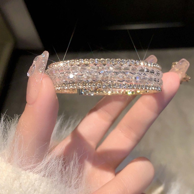 Gold - Toned Crystal Bead - Embellished Wide Cuff Bracelet With Double - Row Zircon Accents Delicate Daily & Luxurious Jewelry Gift For Her High - Qua