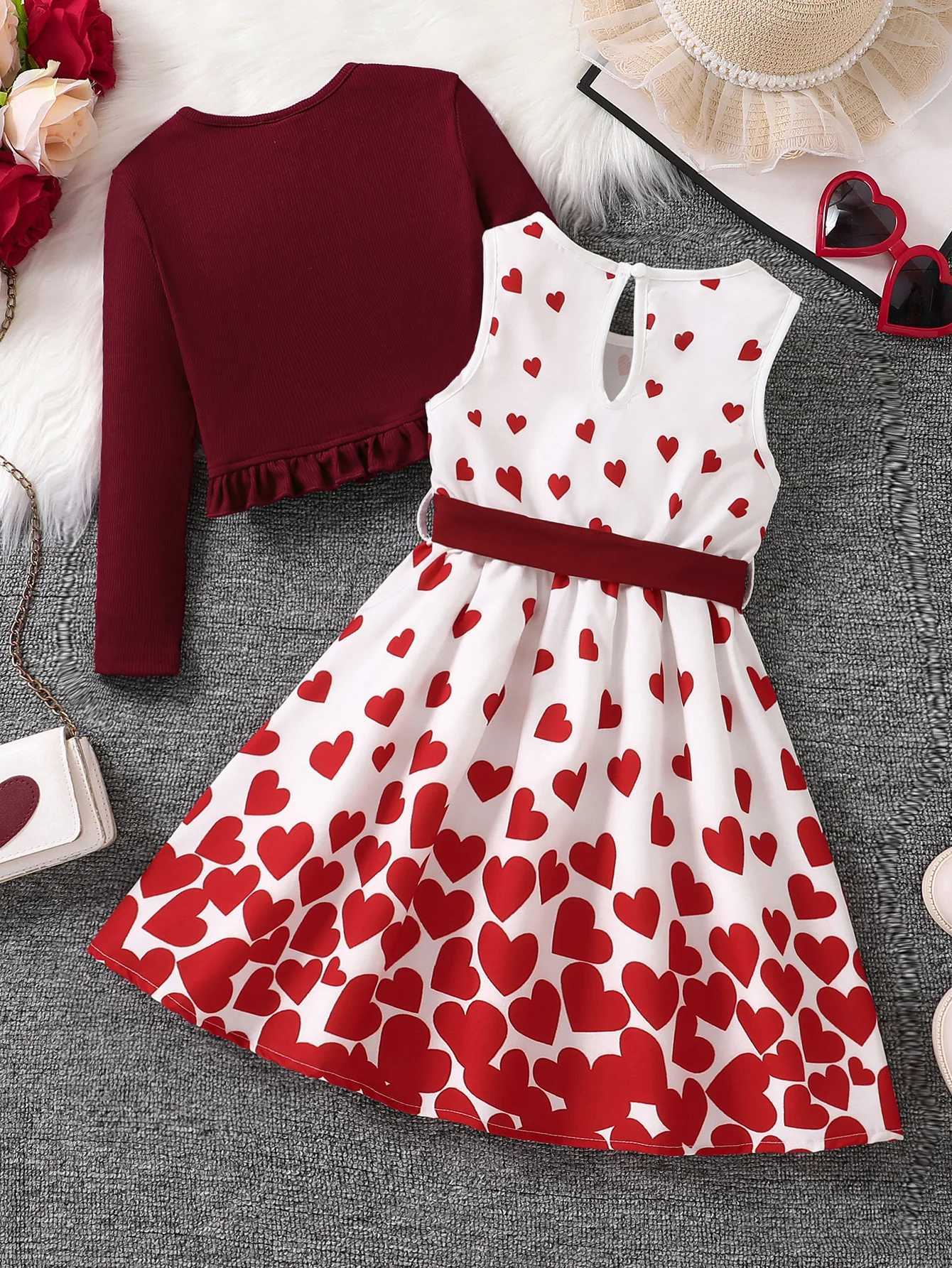 Spring Autumn Casual Cute Girl TwoPiece Set Red Vest HeartShaped Floral Skirt Fashion Outfit for Girls L250926TSKN
