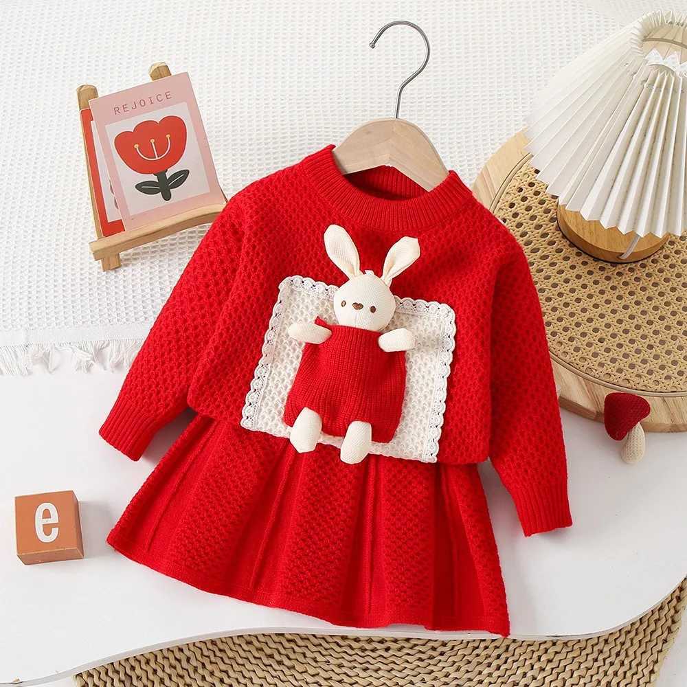 Childrens Clothing Sets Bunny Embellished Knitted Top Pleated Skirt Winter Baby Girl Clothes Kids Knitwear Sweater L250926NXQL