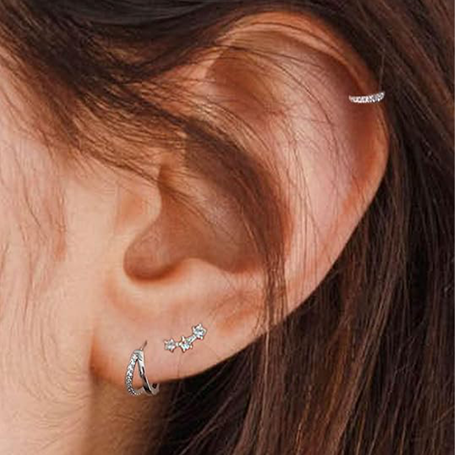 8 Pairs Silver Plated Small Hoop Earring CZ Cartilage Stud Earring for Women Long Chain Drop Dangle Stack Earrings for Multiple Piercings Silver Tone