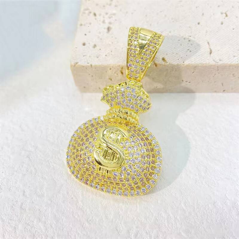 New Arrivals Hip Hop Iced Out Jewelry Vvs Moissanite 14k 18k Gold Plated Money Bag Custom Fine Silver Dollar Sign Pendant