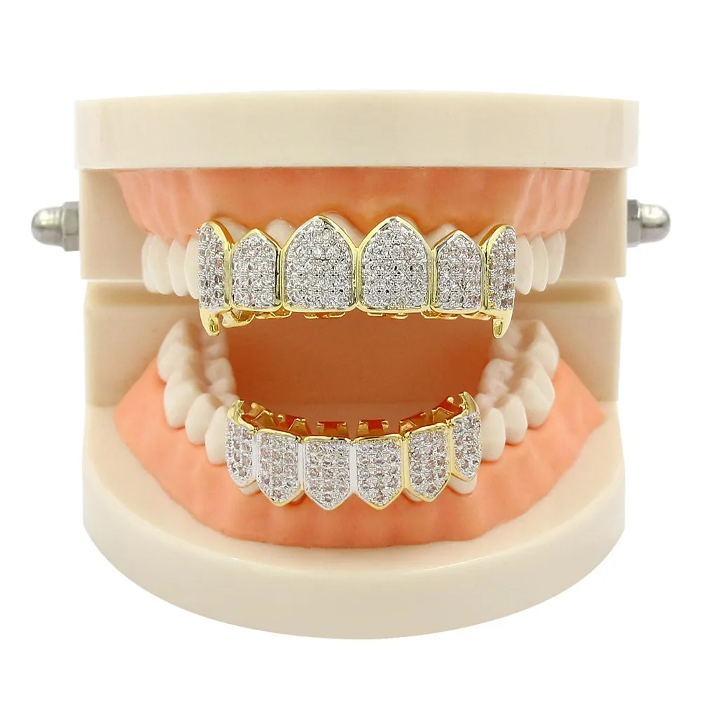 Mens Gold Grillz Teeth Set Fashion Hip Hop Jewelry High Quality Eight 8 Top Tooth & Six 6 Bottom Grills Teeth Grillz Dental Mouth Fang Grills Tooth Ca