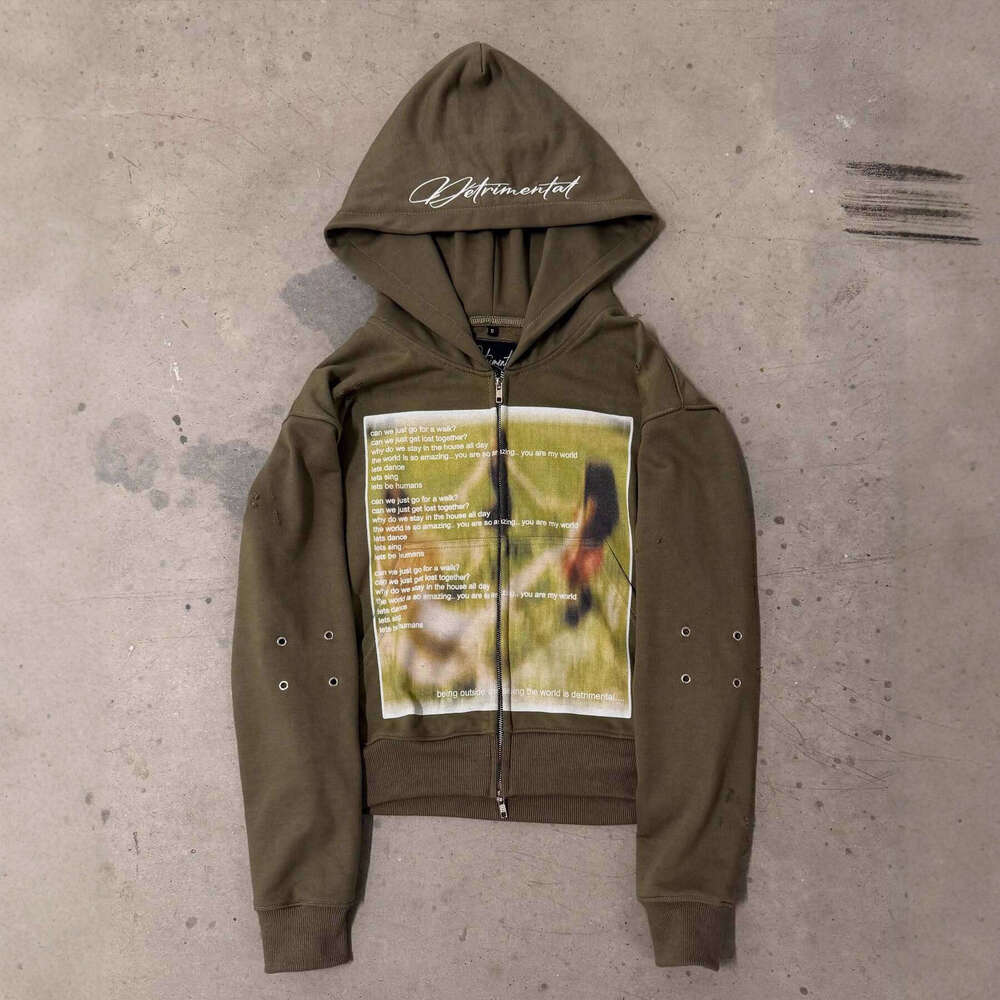 New High Street Trend Unisex Abstract Print Loose Casual Versatile Hooded Zipper Sweatshirt