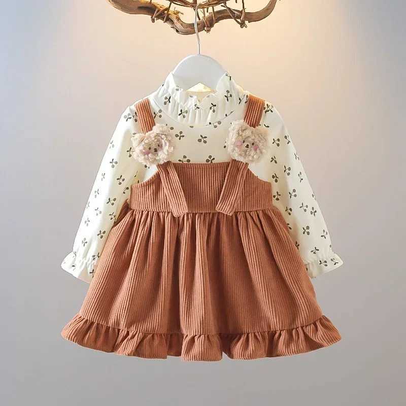 Girls 2025 Spring Autumn Long Sleeve Pinafore Dress with Cute Cherry Bear Print Casual Outfit L2509267Z29