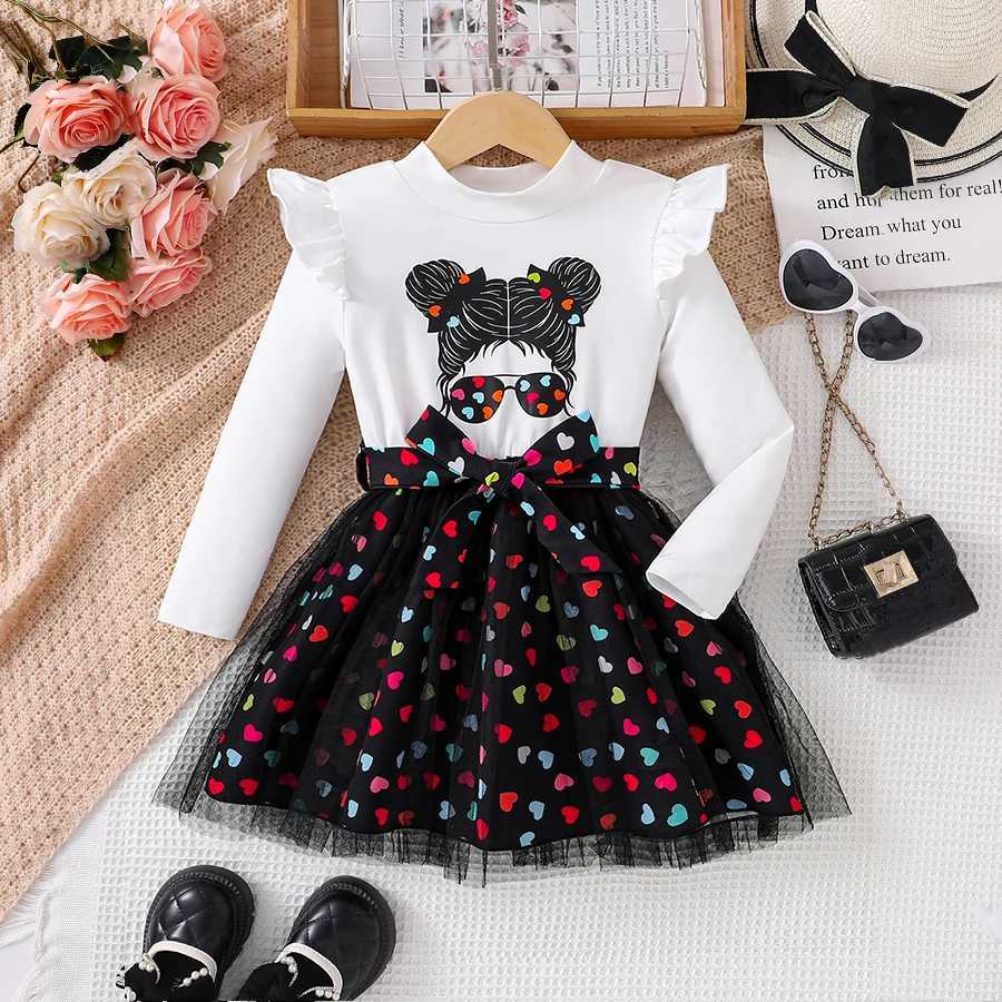 Girls Printed Mesh Pleated Skirt Childrens Clothing Fashionable Patchwork Dress White Cartoon Autumn Set 1 Set L250926D90M