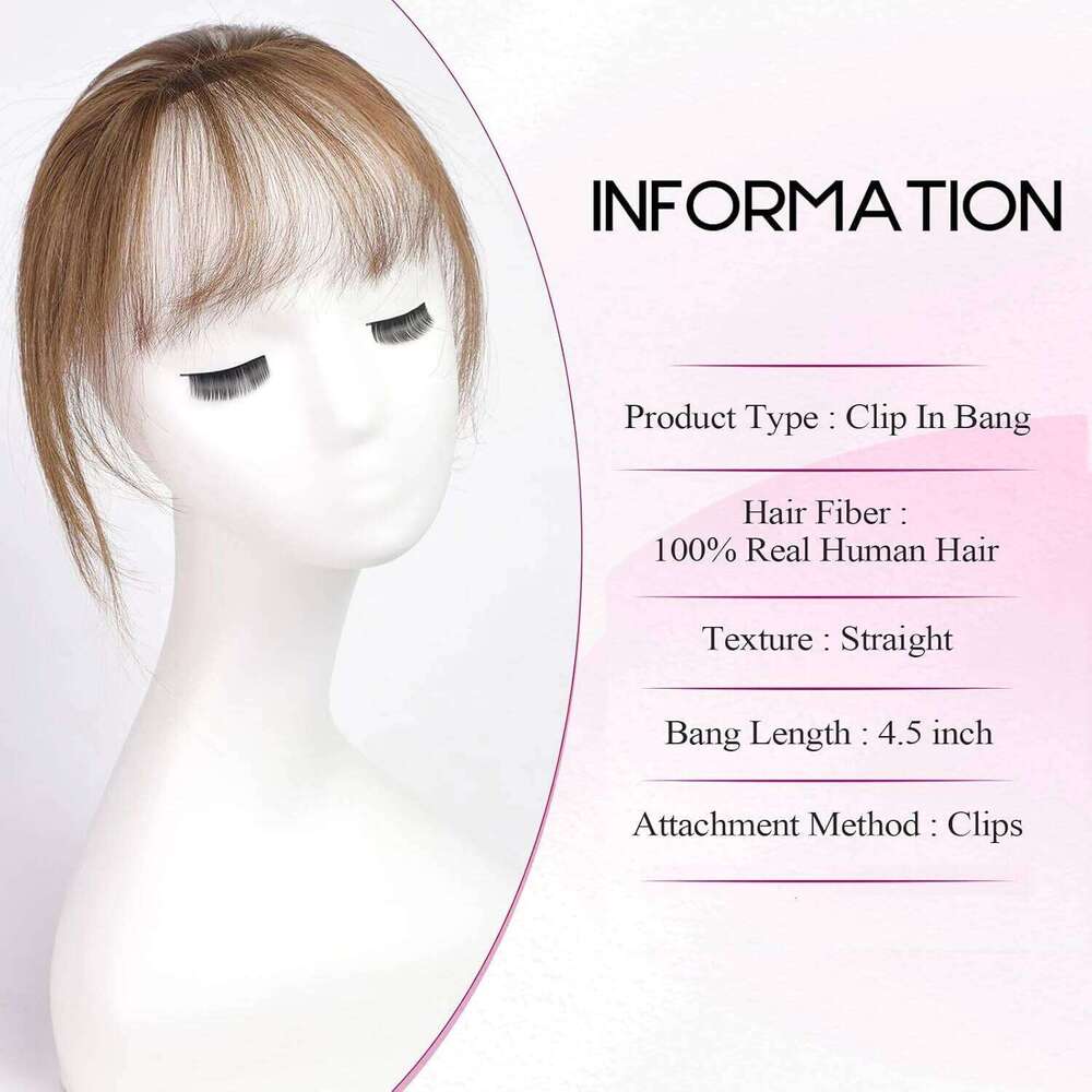 Clip in Ash Brown 100% Human Hair Bangs 3 Non-slip Clips 360°Cover Top HairPieces with 5 inch Wispy Fringes for Women
