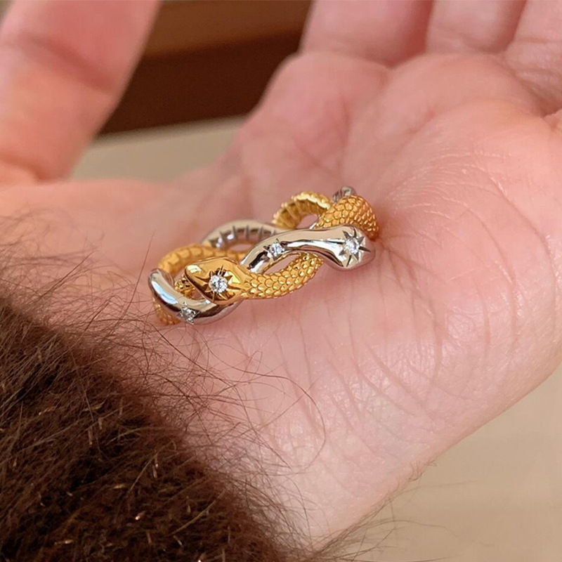 New S925 Silver Double Color Spirit Snake Wrapped Ring with Snake Skin Texture, Ancient Style Wedding Jewelry Design Sense