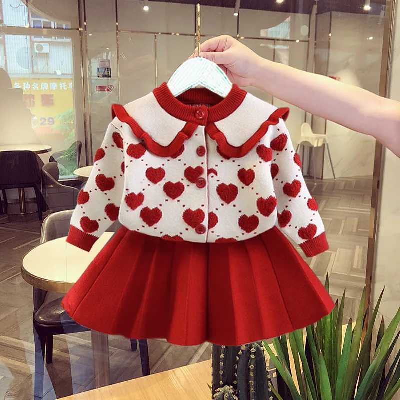 Childrens Suit Sweet Girls Love Sweater Striped Knitted Skirt Two Pieces Suit L25092675V4