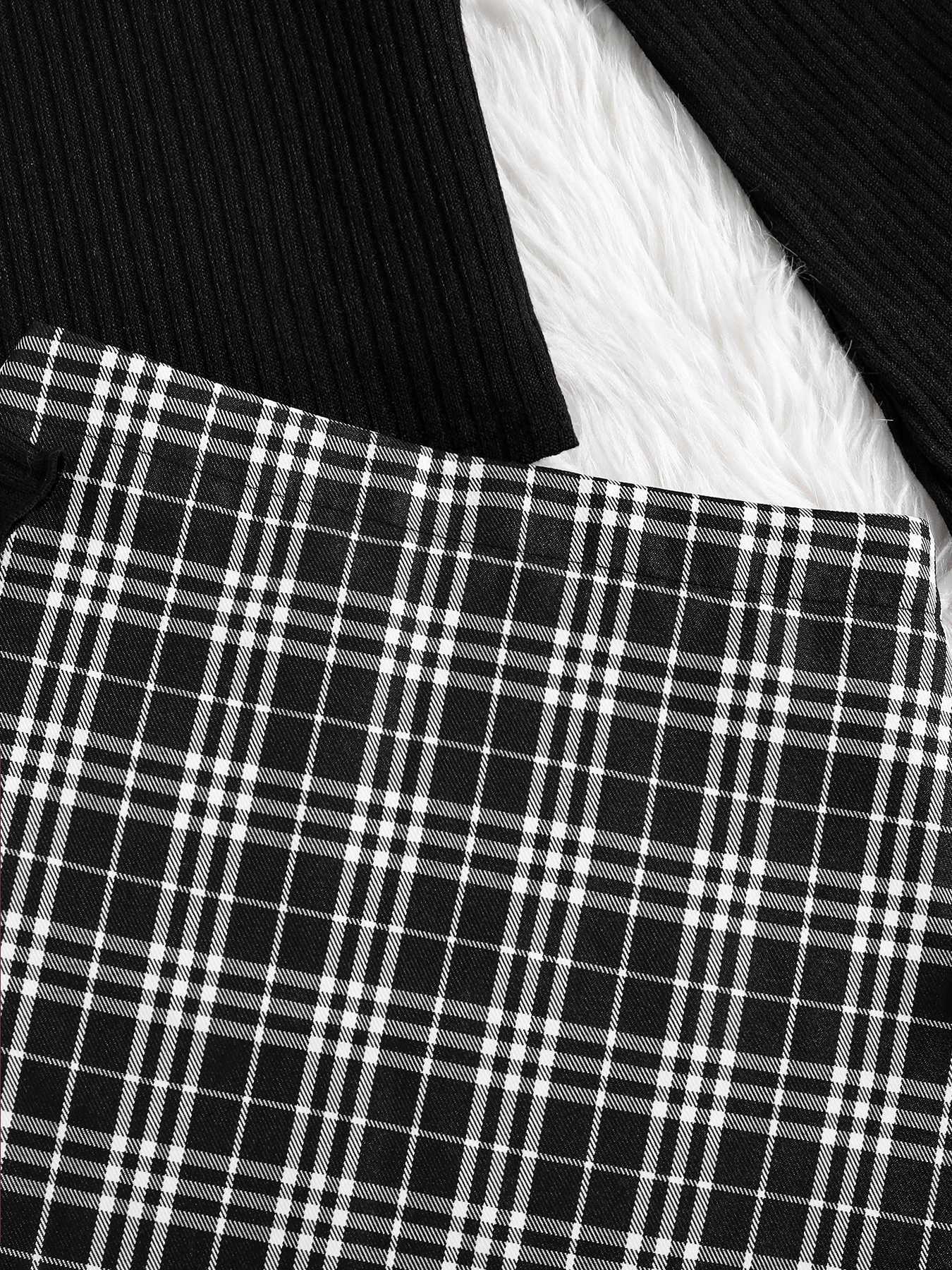 Childrens clothing girls and teenagers autumn fashion round neck black long sleevedhigh waisted checkered hip hugging skirt L250926RXM9